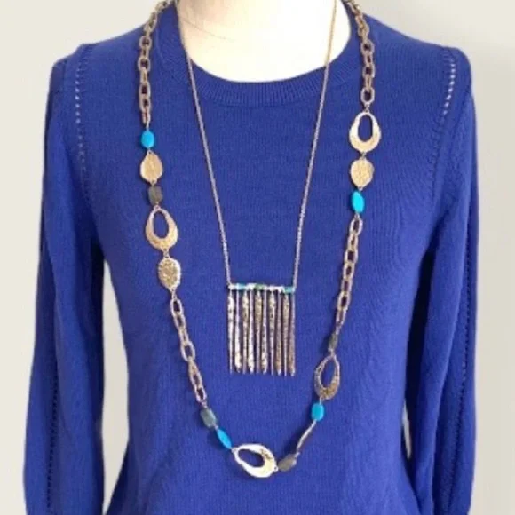 Alexis Bittar Gold Hammer Metal Fringe Gemstone Bar Turquoise Green Necklace - Picture 6 of 12